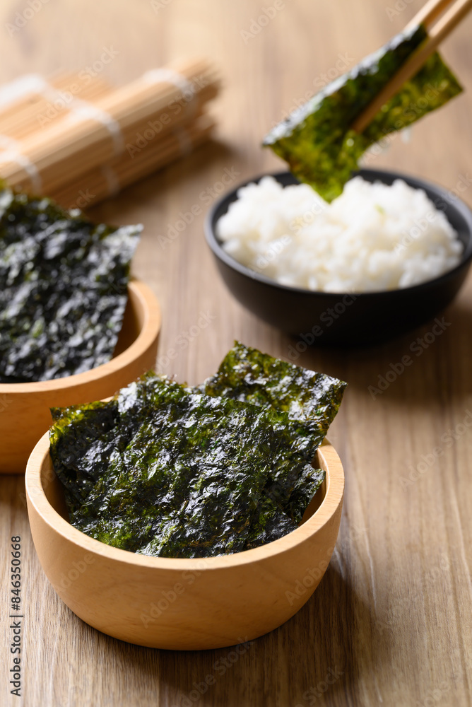 Dried seaweed sheet eating with rice, Asian food Dried seaweed sheet eating with rice, Asian food