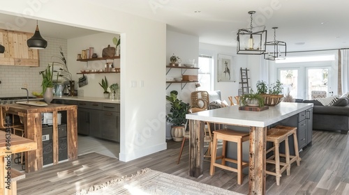 A spacious open-plan kitchen and living area blending rustic and modern design elements. 