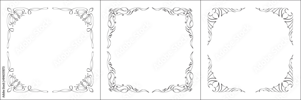 Set of three vector frames. Elegant black and white monochrome ornamental border for greeting cards, banners, invitations. Vector frame for all sizes and formats. Isolated vector illustration. Set of three vector frames. Elegant black and white monochrome ornamental border for greeting cards, banners, invitations. Vector frame for all sizes and formats. Isolated vector illustration.
