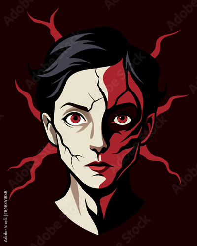 The reflection of a once beautiful face now twisted and contorted with dark s pulsing beneath the skin.. Vector illustration