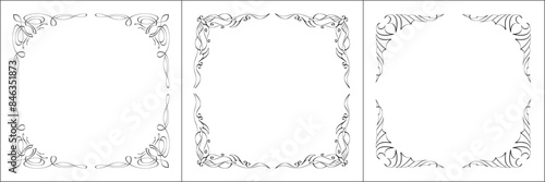 Set of three vector frames. Elegant black and white monochrome ornamental border for greeting cards, banners, invitations. Vector frame for all sizes and formats. Isolated vector illustration.	