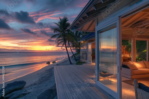 Beachfront Property, The exterior of a stunning beachfront property at sunset. The house features large glass doors opening onto a spacious deck with a view of the ocean. The scene includes palm trees