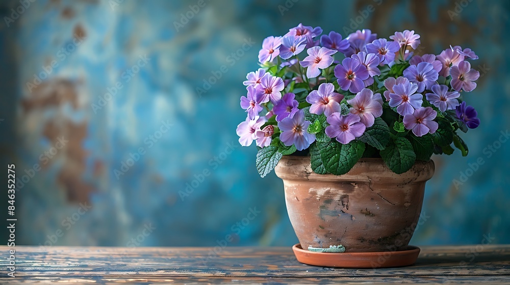 Heliotrope flowers in a rustic terracotta pot placed on an old wooden table Heliotrope flowers in a rustic terracotta pot placed on an old wooden table