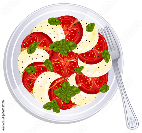 Caprese Salad with Fork - Italian Food Top View Illustration 