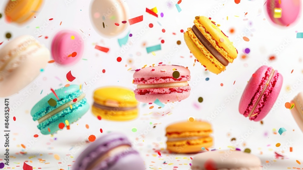 Colorful macarons flying through the air with confetti on a white background. High quality photo Colorful macarons flying through the air with confetti on a white background. High quality photo