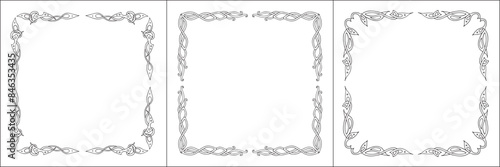 Elegant black and white frame with Scandinavian ornament, decorative border, corners for greeting cards, banners, business cards, invitations, menus. Isolated vector illustration.	