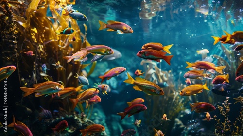 Vibrant underwater scene with colorful fish swimming amidst seaweed, showcasing marine life in a beautiful ocean habitat. photo