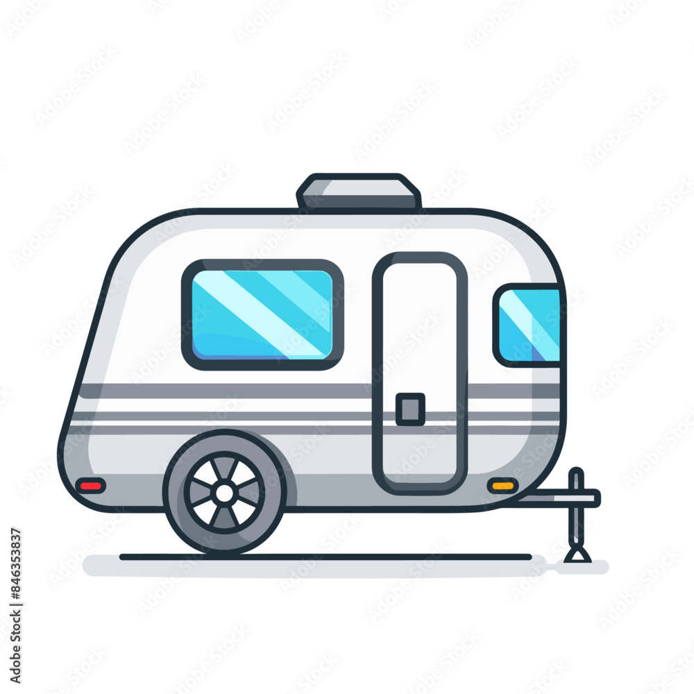 A simple line drawing illustration, a vector flat icon logo of a tiny grey travel trailer A simple line drawing illustration, a vector flat icon logo of a tiny grey travel trailer