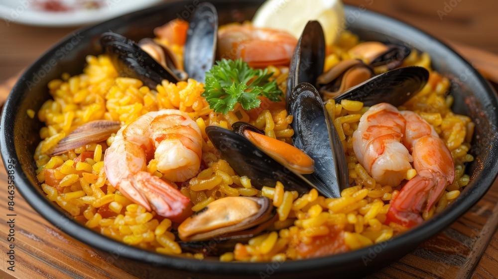 A bowl of rice topped with shrimp, mussels, and a lemon wedge on a weathered wooden table Nearby, a clear glass of water A bowl of rice topped with shrimp, mussels, and a lemon wedge on a weathered wooden table Nearby, a clear glass of water