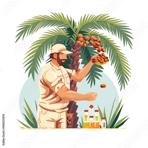 vector logo of a man harvesting dates from a date palm, next to bottles with oil and juice