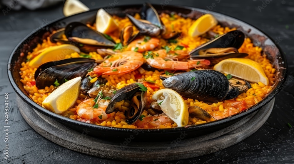 A plate of seafood and rice, served with lemon wedges Garnished with parmesan and parsley A plate of seafood and rice, served with lemon wedges Garnished with parmesan and parsley