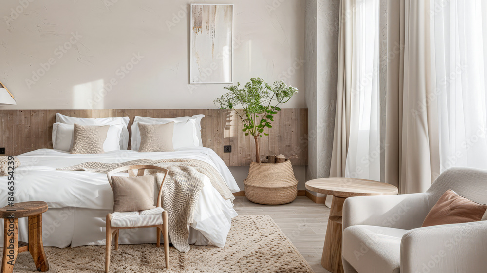 Modern hotel room with elegant bedding and stylish decor. Neutral tones, boho composition and use of natural light. Modern hotel room with elegant bedding and stylish decor. Neutral tones, boho composition and use of natural light.