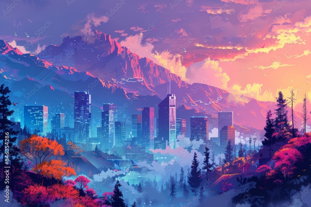 Obraz premium An urban mountain in surreal colors contrasting with the city skyline and urban park below, Depict the harmonious coexistence of nature and urban life with a touch of fantasy