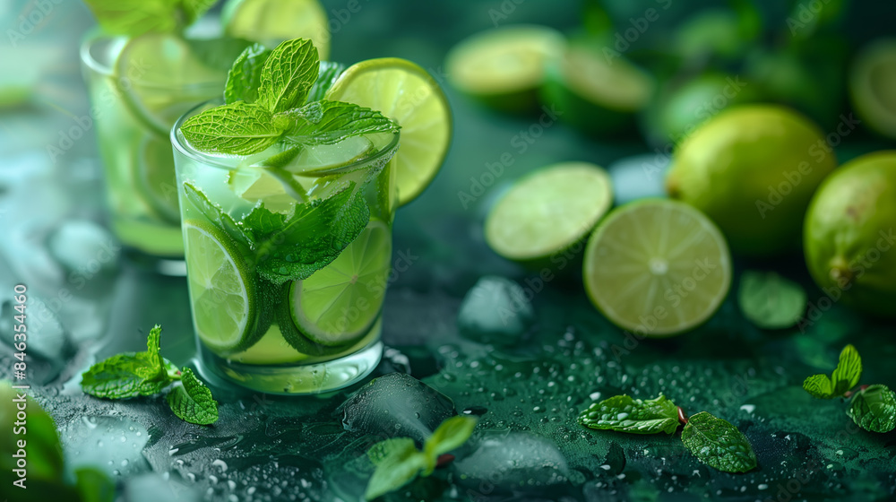 Close-up of a refreshing mojito with lime slices and mint leaves
Close-up of a refreshing mojito with lime slices and mint leaves