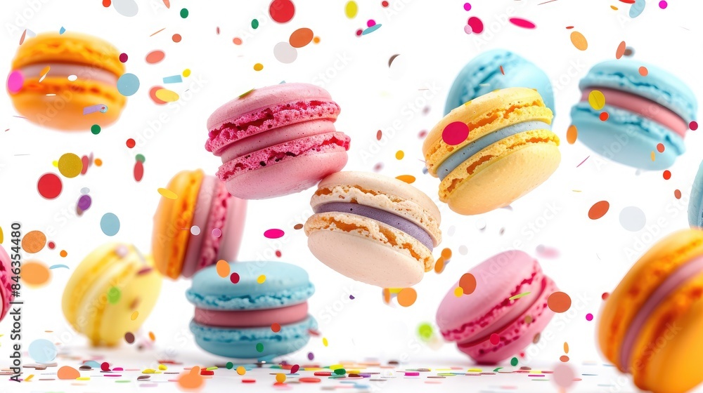 Colorful macarons flying through the air with confetti on a white background. High quality photo Colorful macarons flying through the air with confetti on a white background. High quality photo
