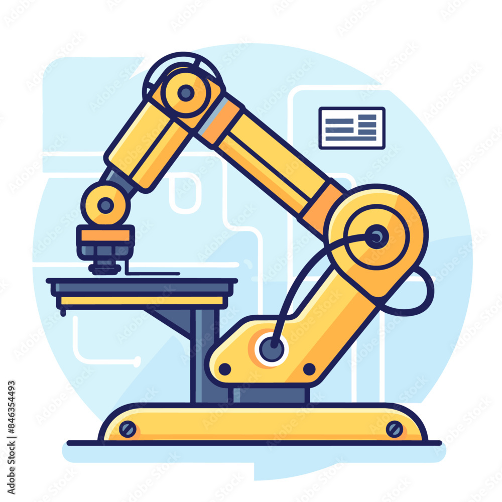 A simple flat vector illustration of an industrial robot arm and laptop displaying code A simple flat vector illustration of an industrial robot arm and laptop displaying code