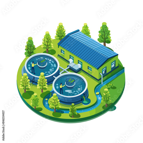 Isometric illustration of an animated water treatment plant