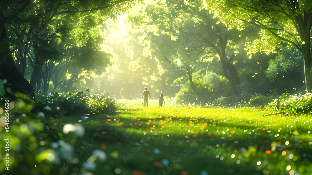 Fototapeta premium Whimsical Family Adventure in a Lush Green Park with Tilted Perspective for Depth and Excitement