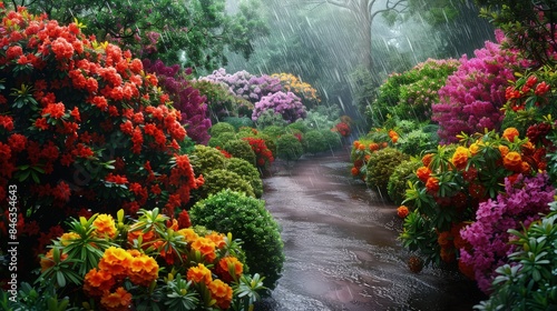 A picturesque cottage garden fills the scene, with dense bushes bursting with colorful blooms. The rain enhances the vivid hues of the flowers, while winding paths