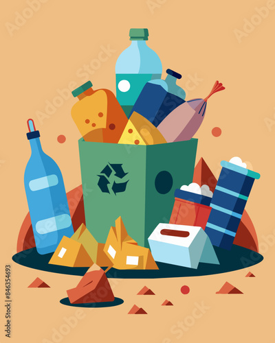 Expired goods still wrapped and untouched mingling with other trash in a waste dump.. Vector illustration