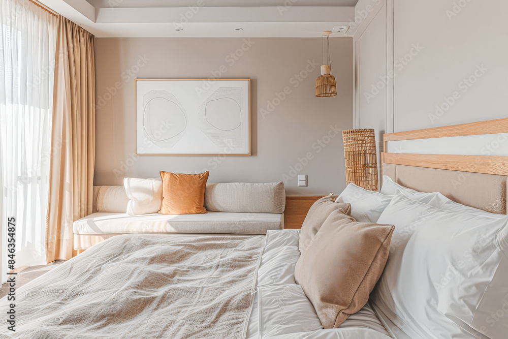 Modern hotel room with elegant bedding and stylish decor. Neutral tones, boho composition and use of natural light. Modern hotel room with elegant bedding and stylish decor. Neutral tones, boho composition and use of natural light.