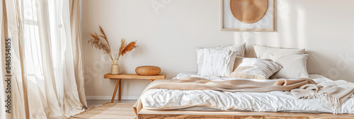 Modern hotel room with elegant bedding and stylish decor. Neutral tones, boho composition and use of natural light.