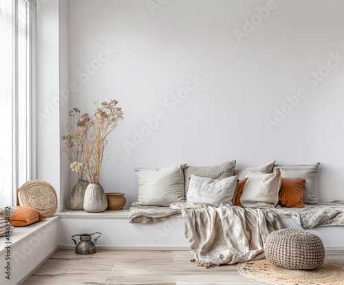 Modern hotel room with elegant bedding and stylish decor. Neutral tones, boho composition and use of natural light. photo