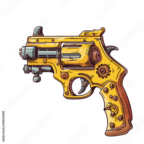 Handdrawn cartoon illustration of steampunk yellow revolver, white background, clip art for stickers, high quality