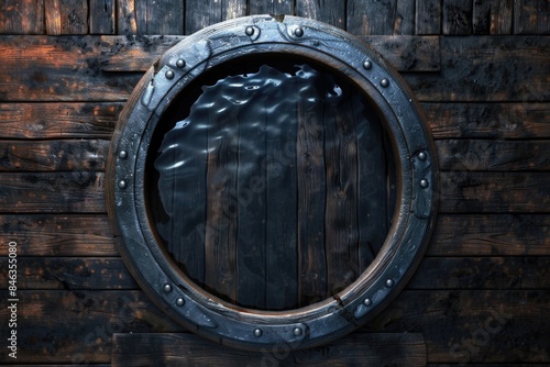 A wooden door with a round window and a metal frame