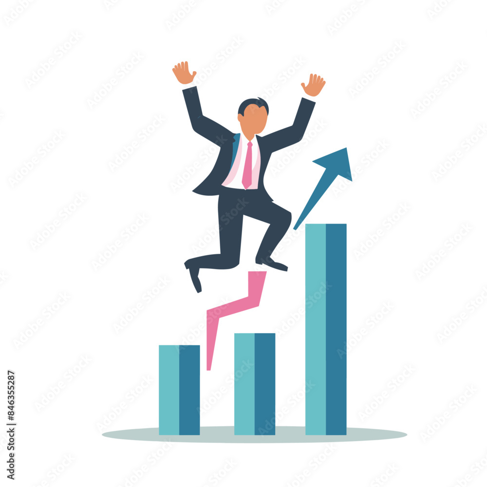 A businessman jumping over an upward trending bar graph in the style of clip art A businessman jumping over an upward trending bar graph in the style of clip art