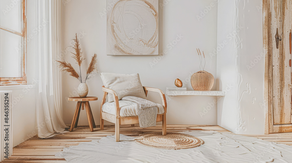 Obraz premium Modern hotel room with elegant bedding and stylish decor. Neutral tones, boho composition and use of natural light.
