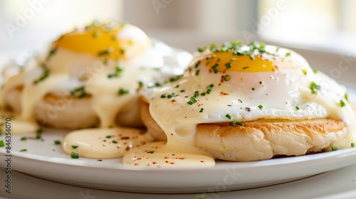  A tight shot of an English muffin topped with a poached egg
