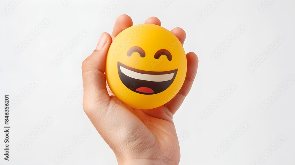 Hand holding yellow smiling stress ball, symbolizing happiness, positivity, and emotional well-being Hand holding yellow smiling stress ball, symbolizing happiness, positivity, and emotional well-being