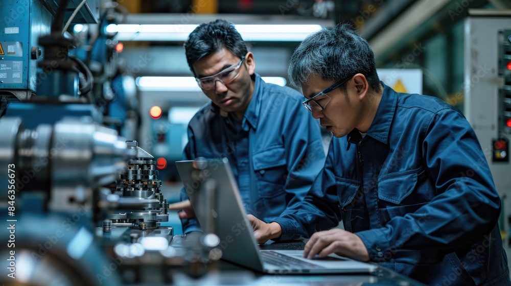 Two engineers in a factory setting, working on a laptop near machinery, showcasing industrial technology and collaboration. Two engineers in a factory setting, working on a laptop near machinery, showcasing industrial technology and collaboration.