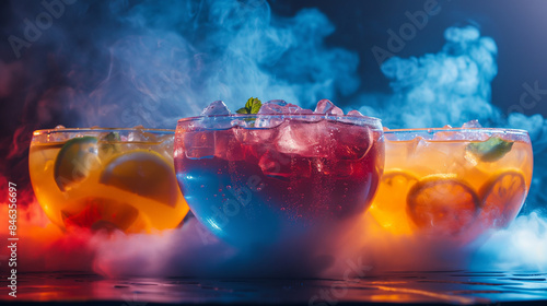 
Vibrant punch bowls with dry ice creating a smoky effect, surrounded by colorful beverages photo