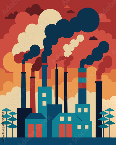 The air is thick with smog emanating from the stacks of multiple factories that now dominate the horizon.. Vector illustration