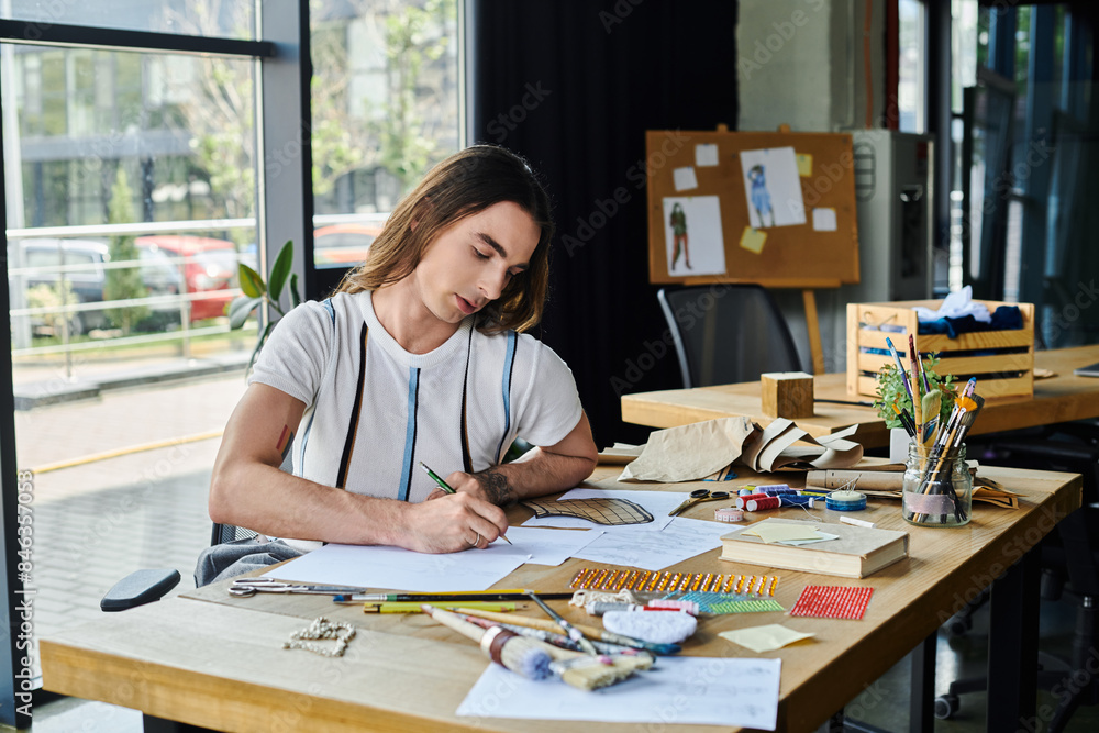A young gay man, focused on sustainability, works in his clothing restoration atelier, transforming discarded items into new creations. A young gay man, focused on sustainability, works in his clothing restoration atelier, transforming discarded items into new creations.