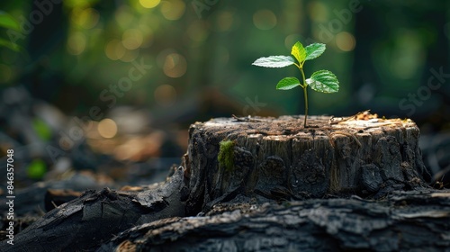Young plant growing on a tree stump in a forest, symbolizing new beginnings and resilience in nature. © Nuth
