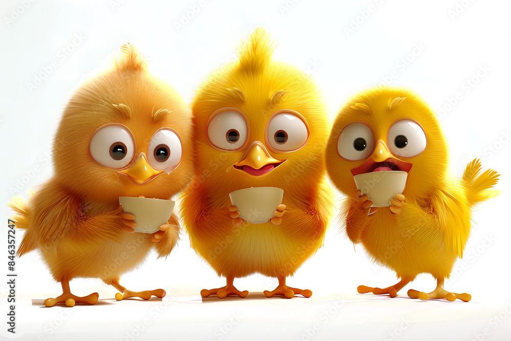 Fototapeta premium 3D three cute chicks transparent background, PNG file