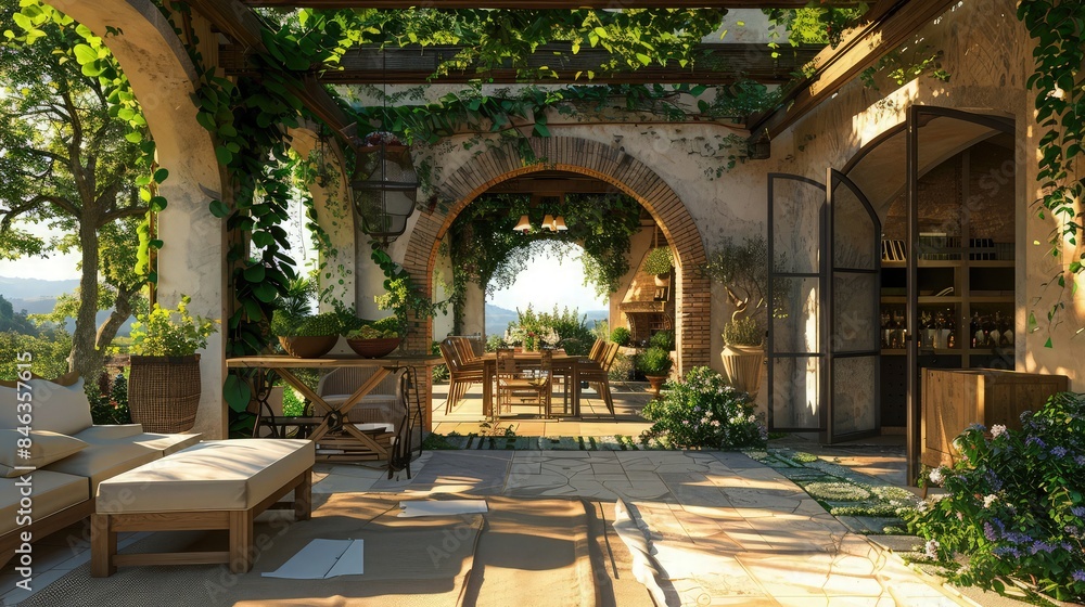 Fototapeta premium A romantic Tuscan patio area with a vine-covered archway leading to a secluded seating area, perfect for intimate dinners or quiet afternoons with a book.