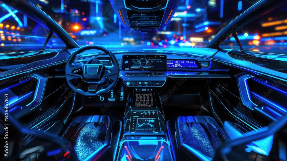 Interior of a futuristic electric car, autonomous futuristic car dashboard concept with HUD and hologram screens and infotainment system Interior of a futuristic electric car, autonomous futuristic car dashboard concept with HUD and hologram screens and infotainment system