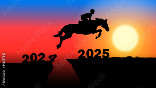 silhouette horse jumping concept new year 2024 to 2025 new year with sunrise background 