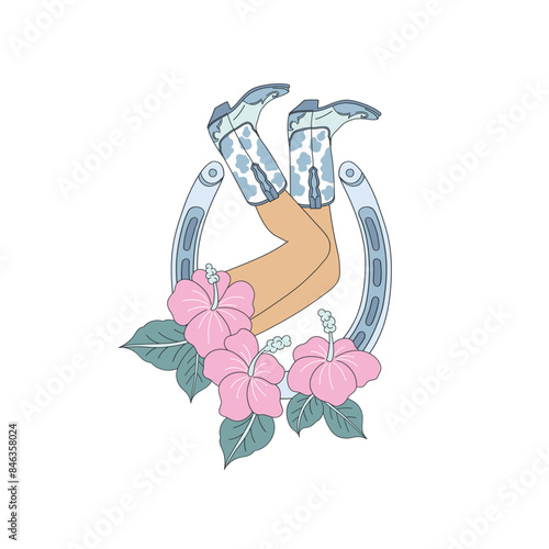 Flirty girl legs in cowgirl boots Hibiscus flower Horse shoes vector illustration. Coastal Western pre-made card.