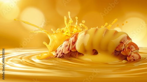  A yellow liquid splashes from a food centerstage against a sunny backdrop photo