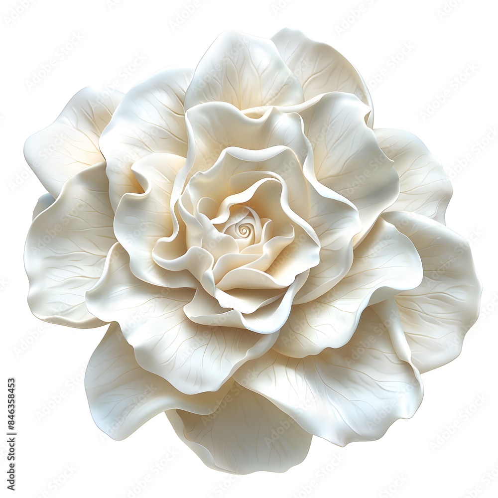 A gardenia bloom, fragrant flower, hyper-realistic, creamy white, isolated on white background A gardenia bloom, fragrant flower, hyper-realistic, creamy white, isolated on white background