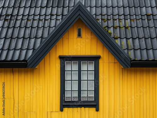 A window with a black frame sits in front of a yellow house