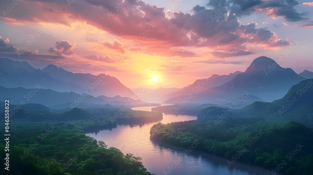 Serene Landscape with Distant Mountains Winding River and Lush Forests Under a Pastel Sunset Sky Serene Landscape with Distant Mountains Winding River and Lush Forests Under a Pastel Sunset Sky