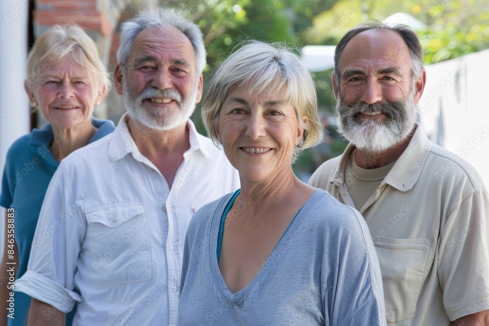 Portrait of happy senior friends standing in front of house in sunny day Portrait of happy senior friends standing in front of house in sunny day