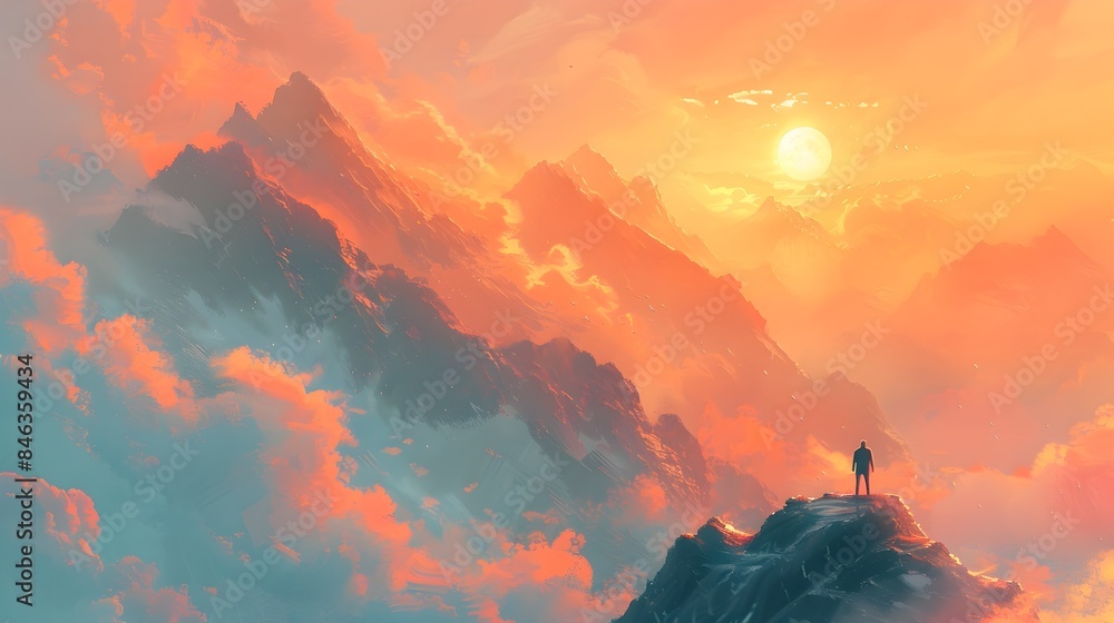 Solitary Figure Atop Majestic Mountain Range at Dramatic Sunset
