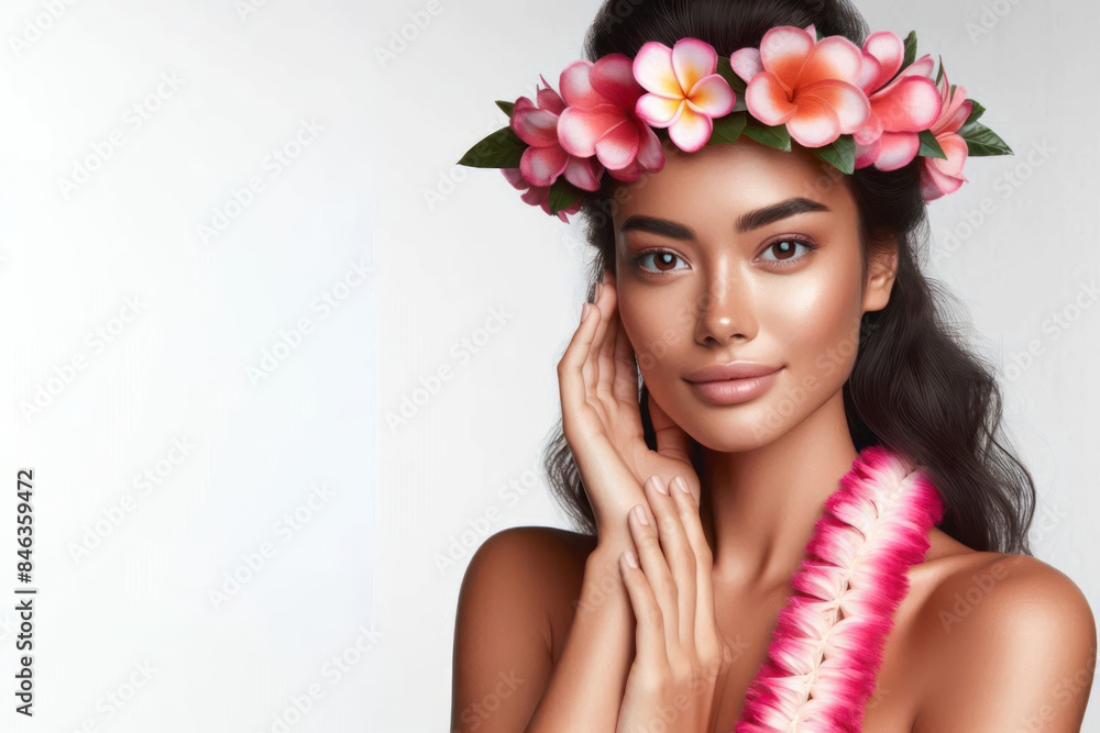 Portrait of a beautiful hawaiian young woman with traditional haku lei for hula dancing party Isolated Portrait of a beautiful hawaiian young woman with traditional haku lei for hula dancing party Isolated